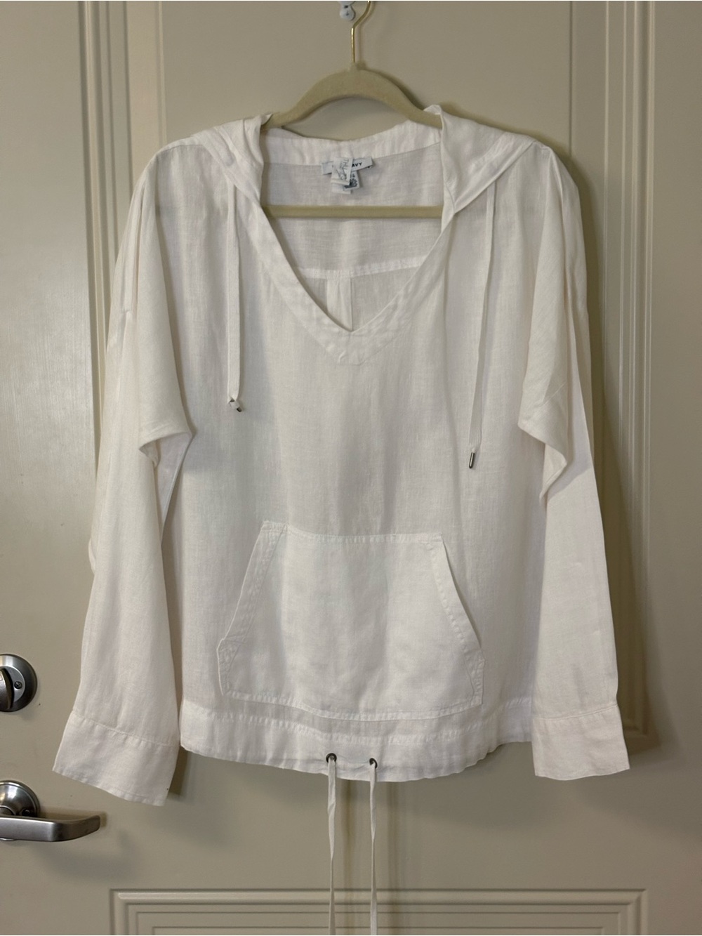 PURE NAVY White 100% Linen Hooded Lightweight Pullover Top SZ L EUC $50